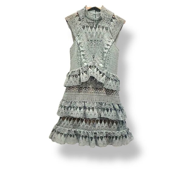 Self-Portrait Teardrop Guipure Lace Mock Neck Mini Dress Mint Green Size US 4 - Picture 4 of 16